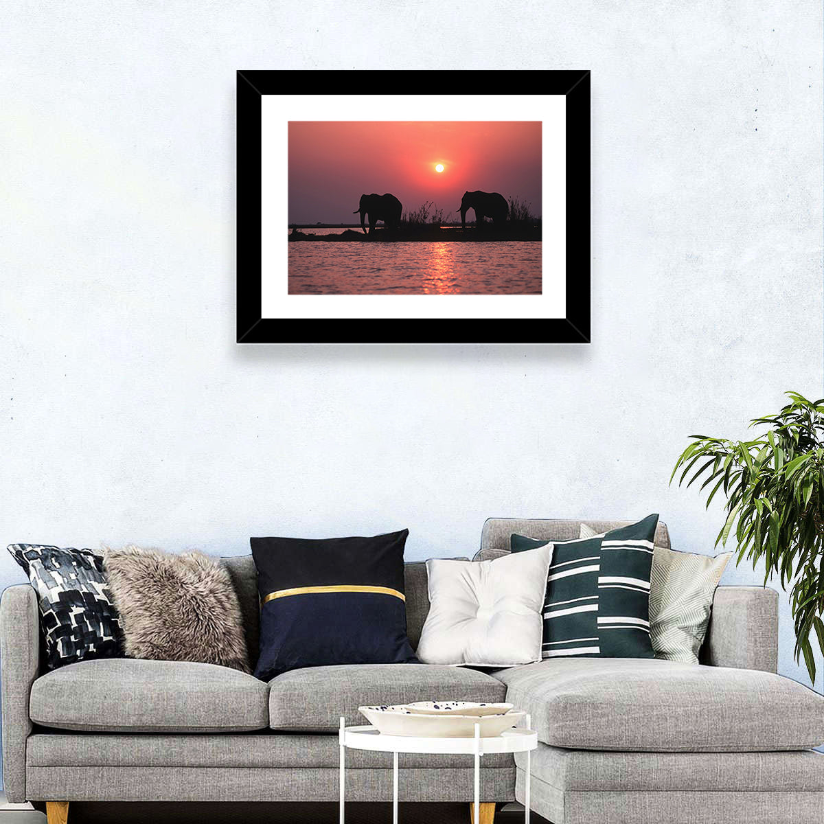 Elephants at Sunset Silhouette Wall Art