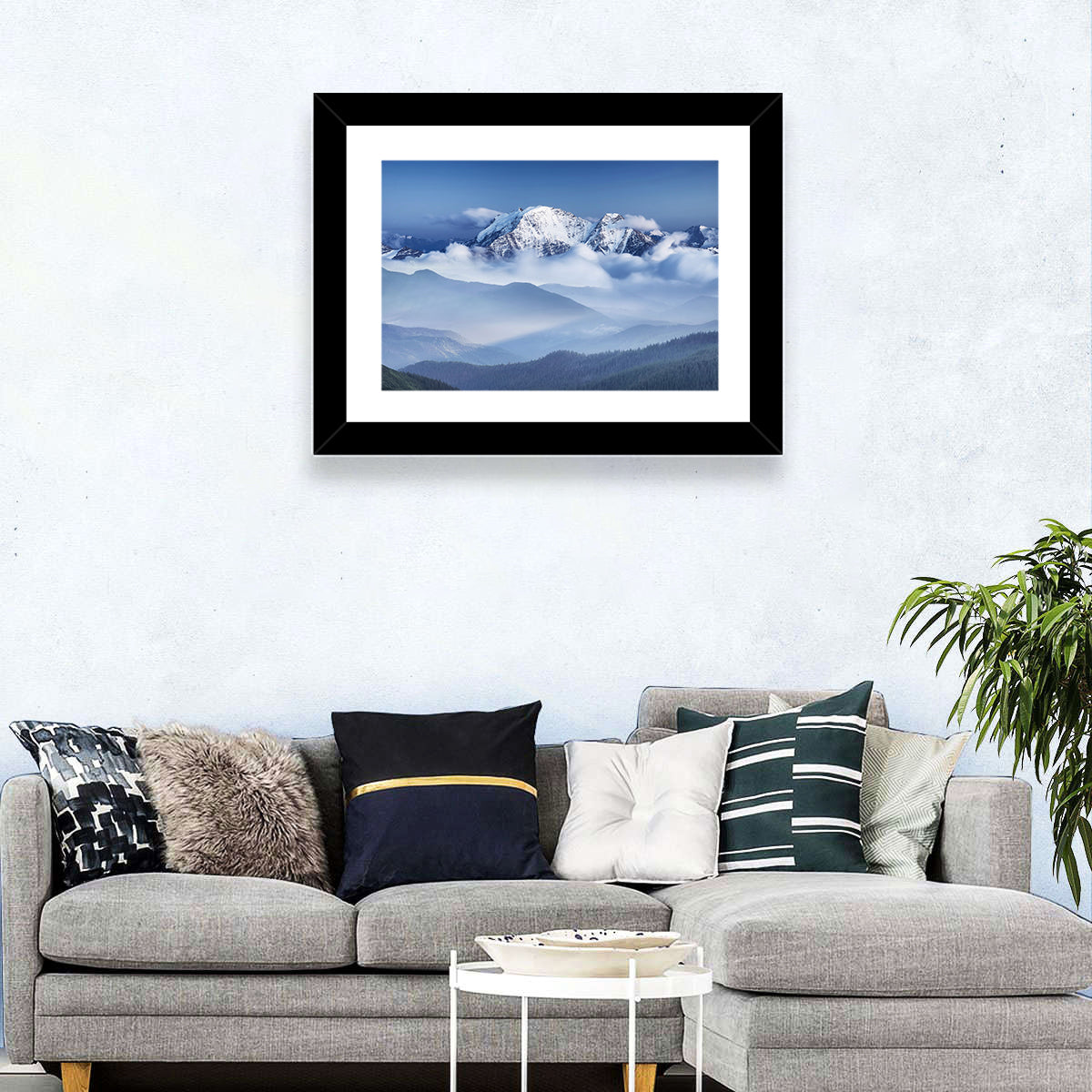 Snow-capped Peaks in Clouds Wall Art in a room, landscape