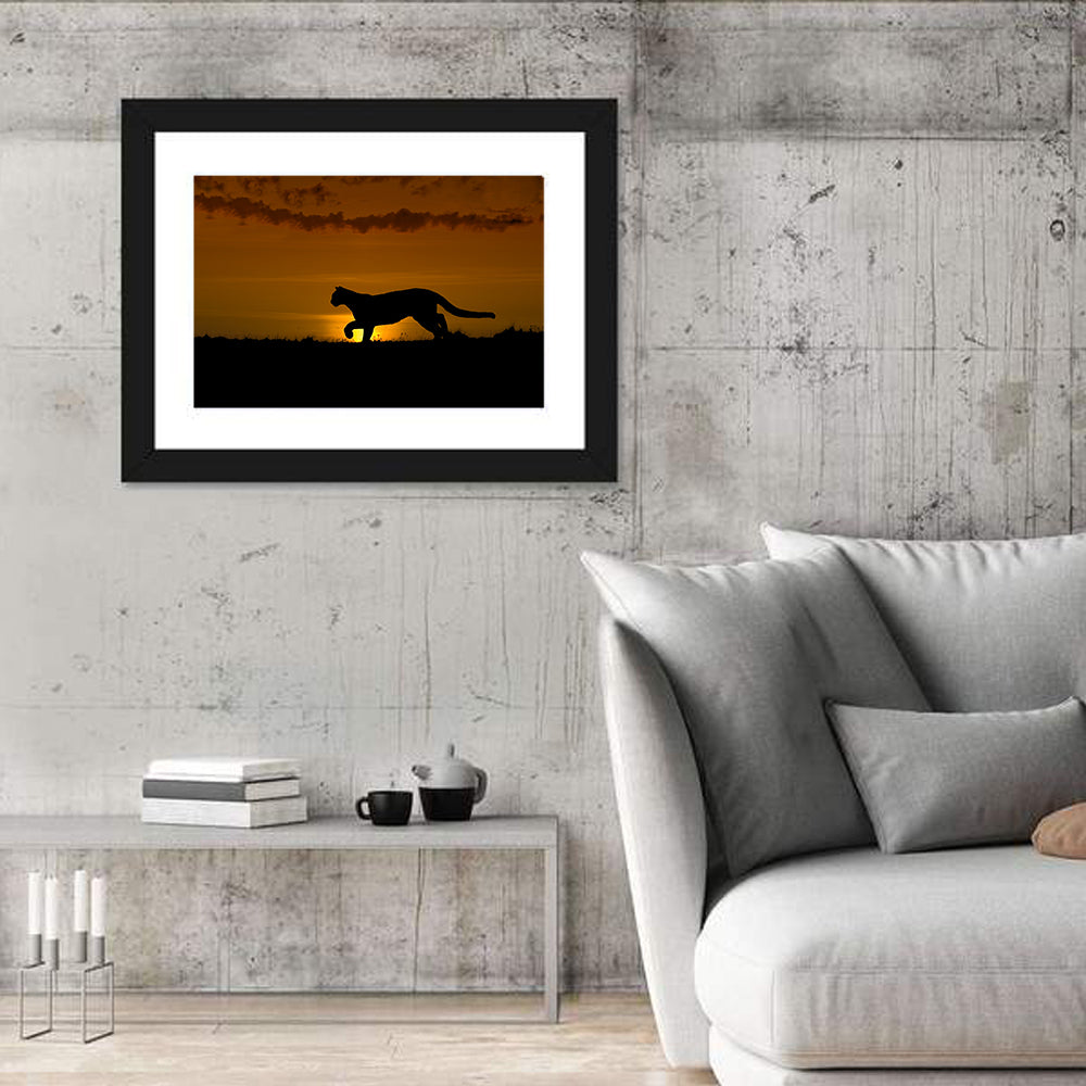 Cougar Silhouette at Sunset Wall Art in a room, landscape
