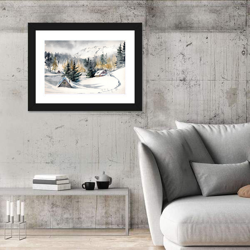 Snowy Mountain Village Watercolor Wall Art in a room, landscape