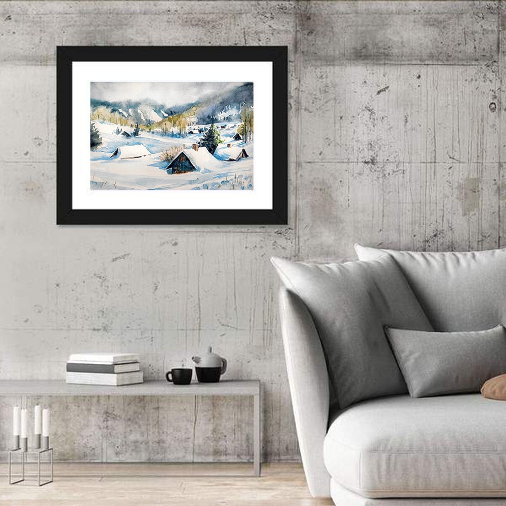 Snowy Mountain Village Wall Art in a room, landscape