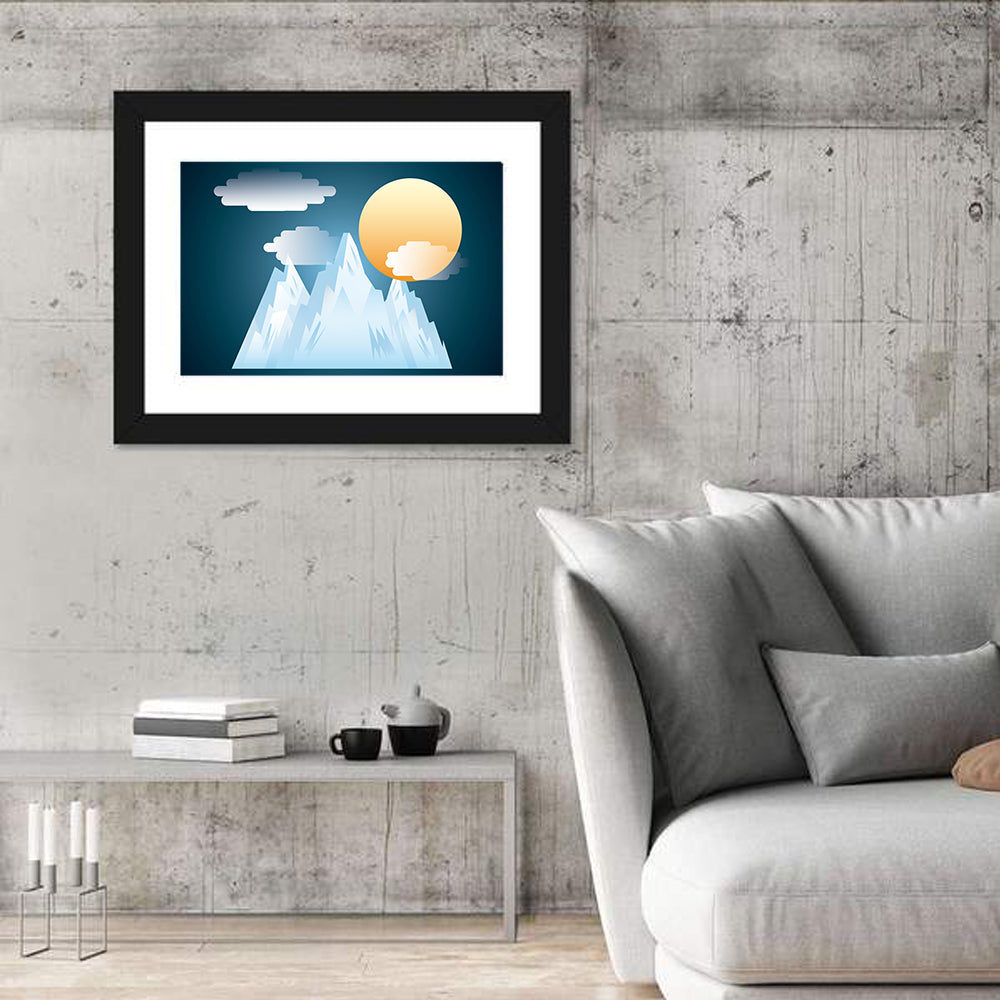 Geometric Snowy Mountain with Golden Sun Wall Art in a room, landscape
