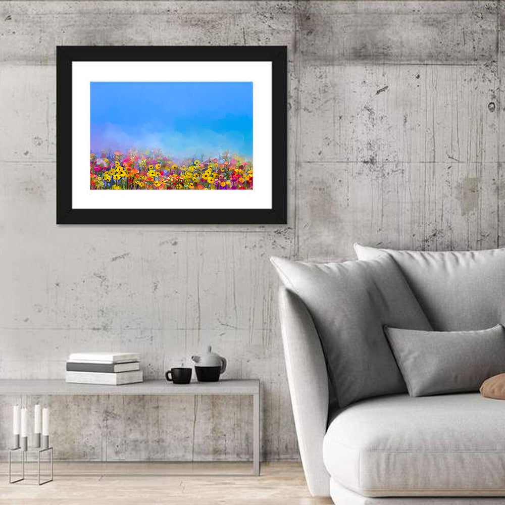 Cornflower and Daisy Meadow Wall Art in a room, landscape
