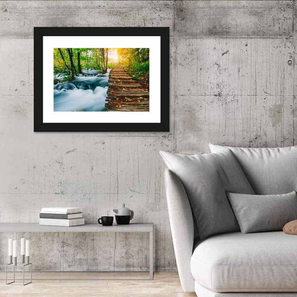 Plitvice Lakes Autumn Walkway Wall Art in a room, landscape