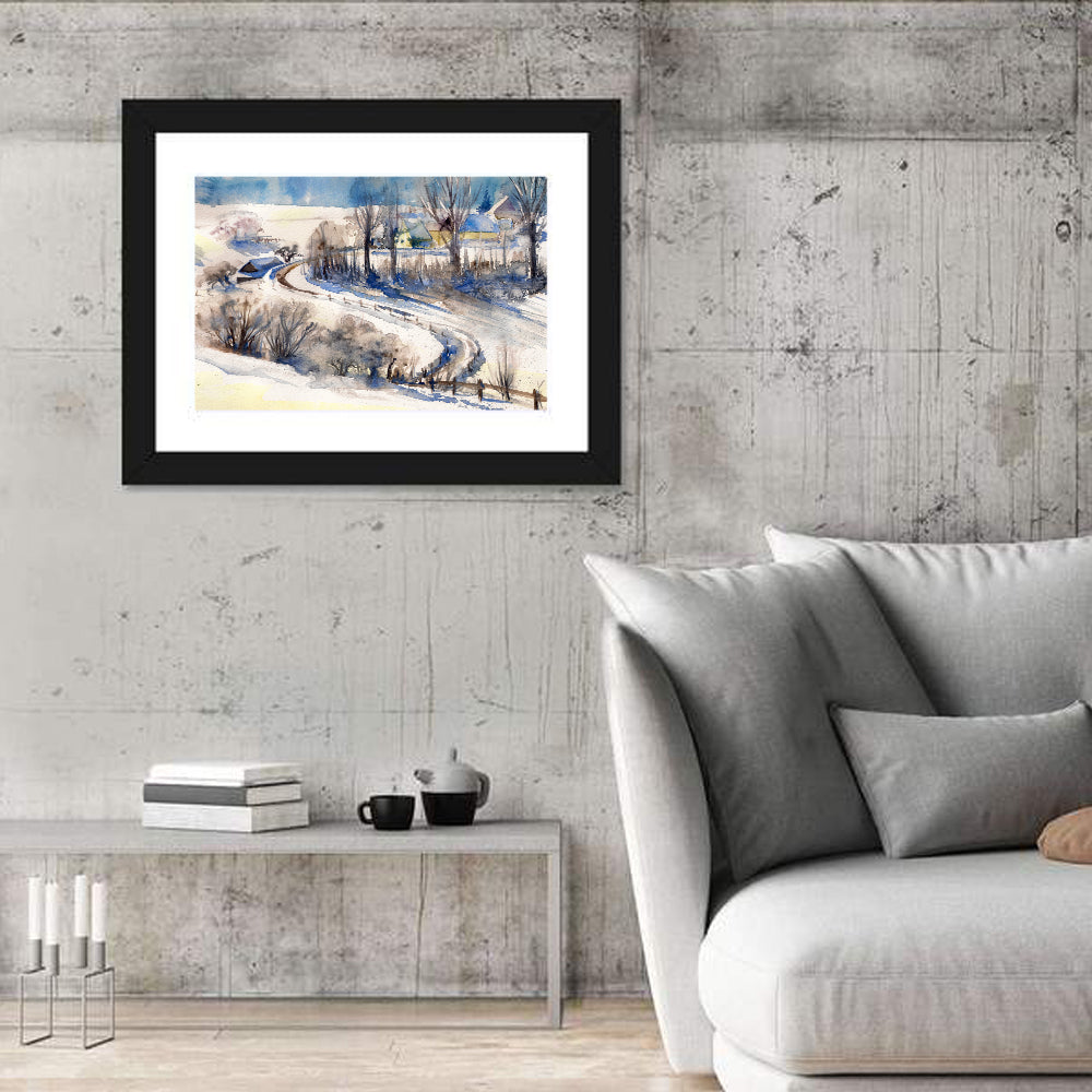 Snowy Village Road Wall Art in a room, landscape