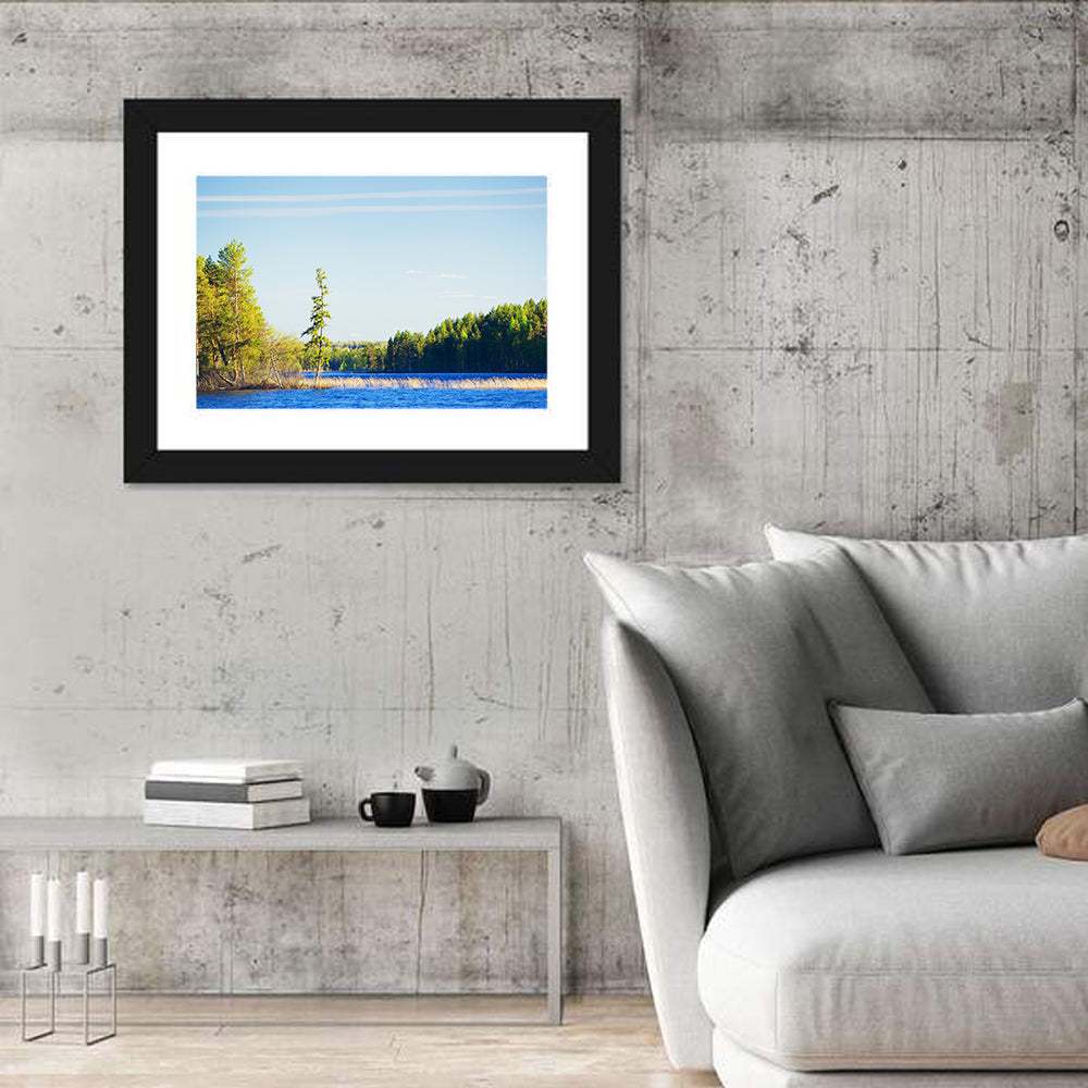 Summer Forest Lake Shoreline Wall Art in a room, landscape