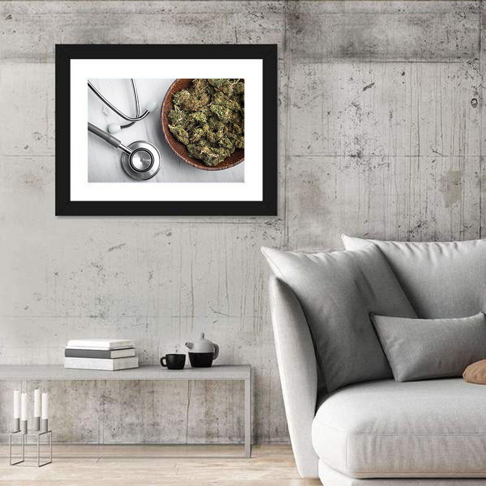 Stethoscope and Medical Cannabis Still Life Wall Art in a room, landscape