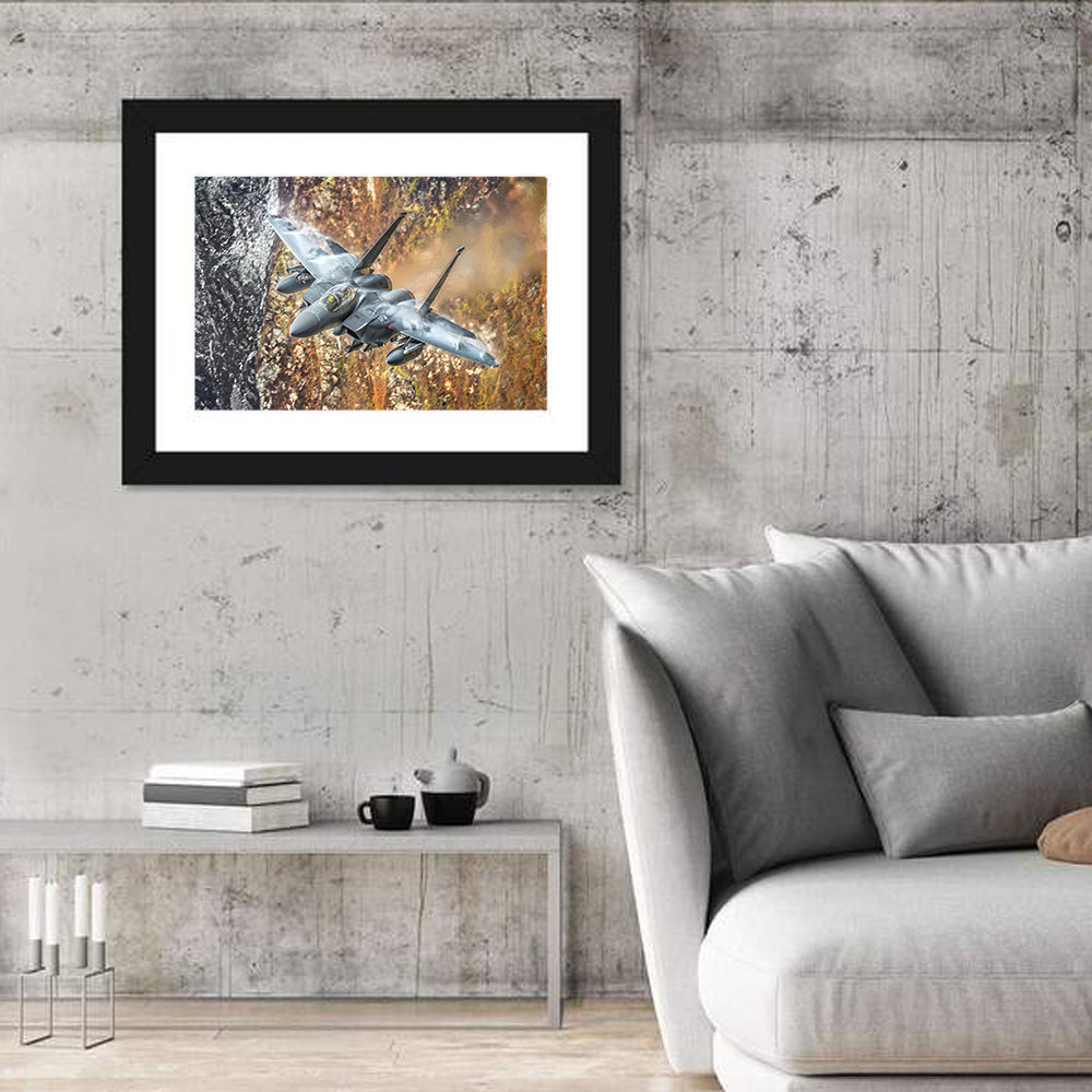 F-15 Over Mountain Canyon Wall Art in a room, landscape
