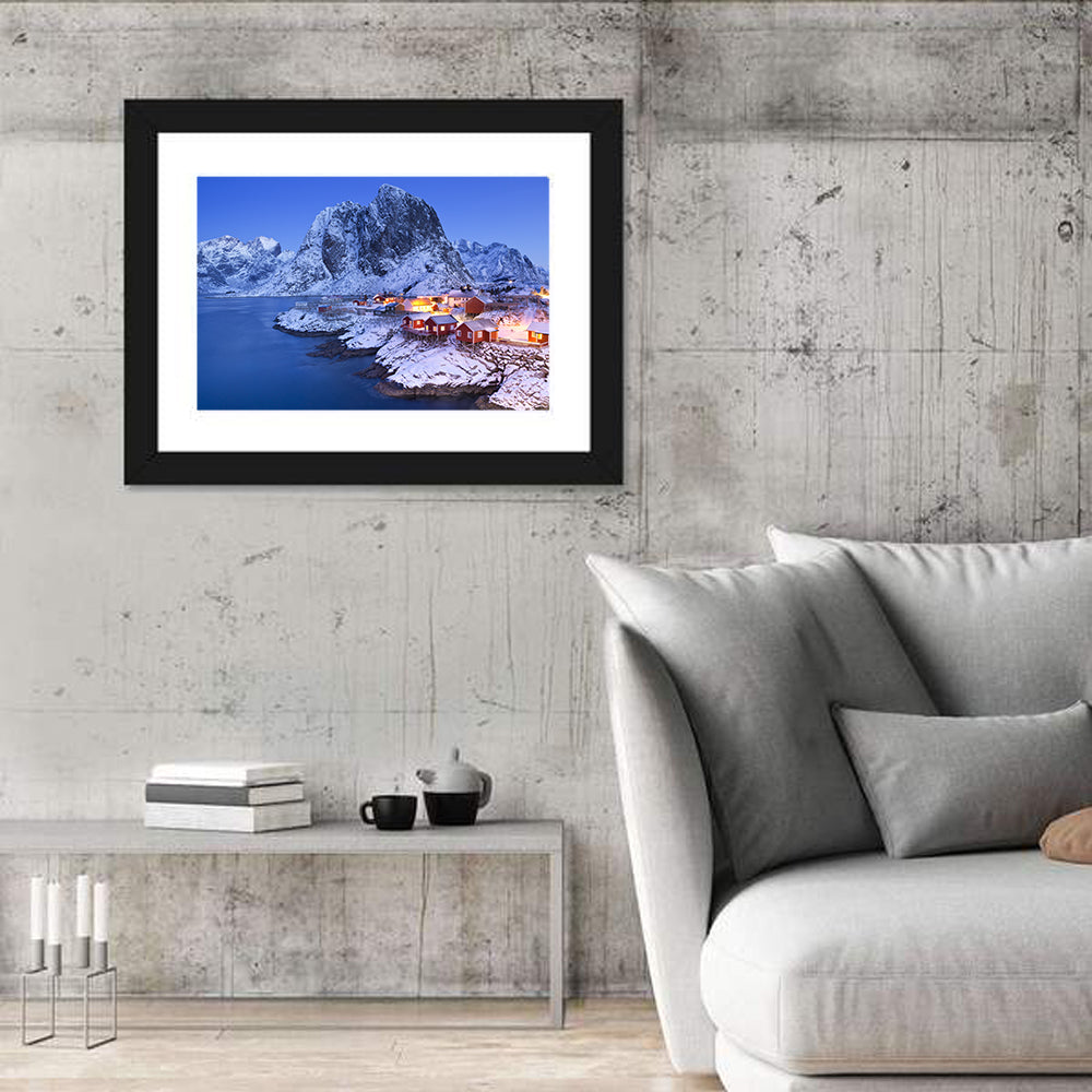 Hamnøy Red Cabins at Winter Dusk Wall Art in a room, landscape