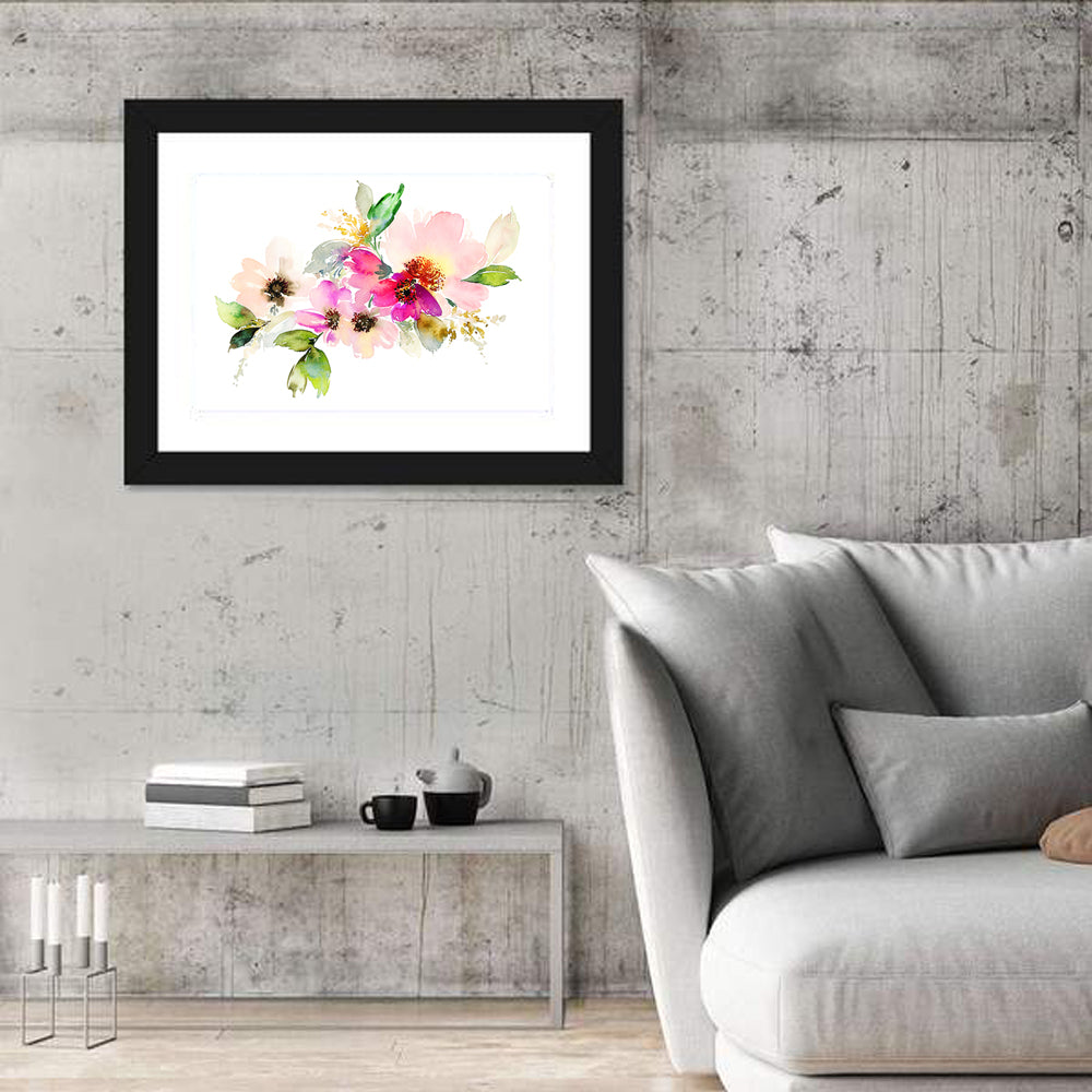 Delicate Pink Floral Watercolor Wall Art in a room, landscape