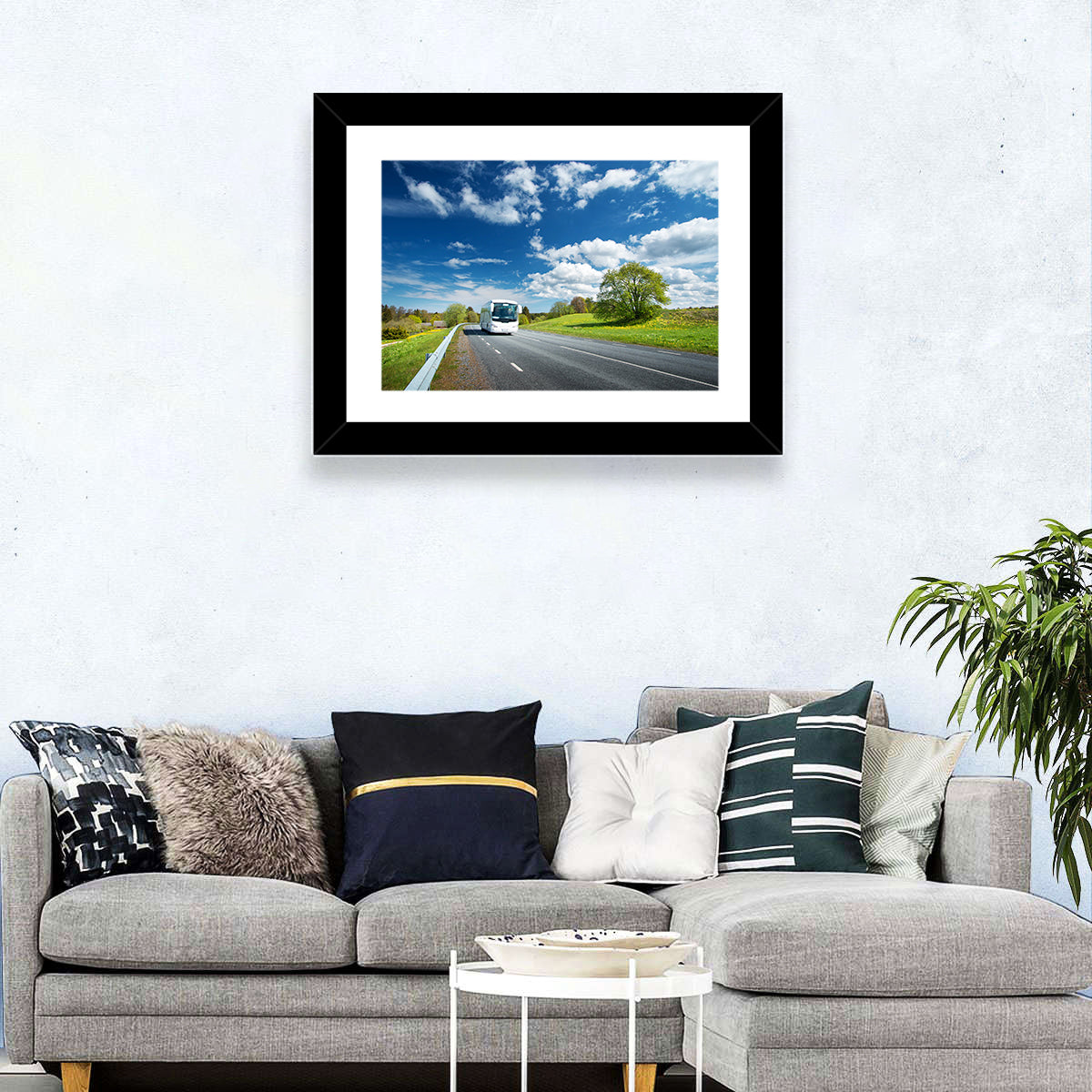White Bus on Meadow Road Wall Art