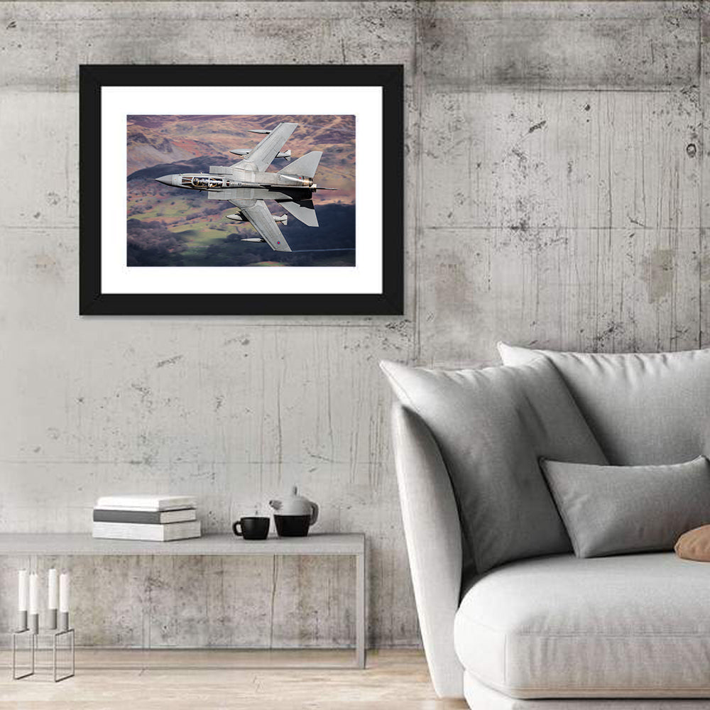 Swing-wing Fighter Jet Over Mountains Wall Art in a room, landscape