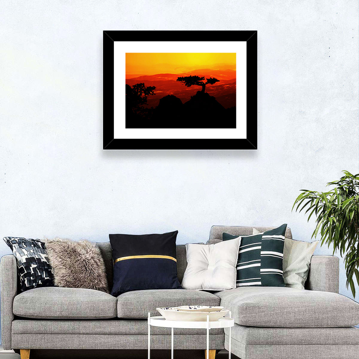 Gnarled Tree at African Sunset Wall Art in a room, landscape