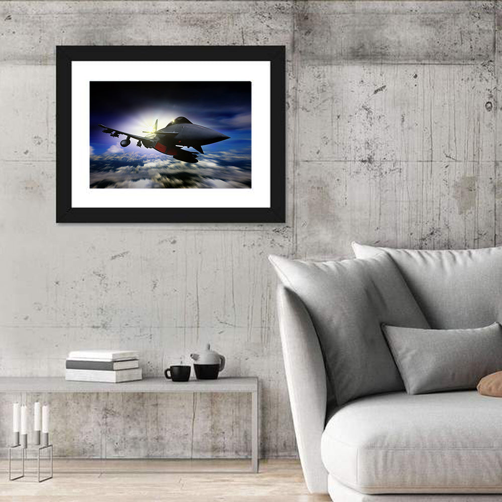 Sunrise Fighter Jet Wall Art in a room, landscape