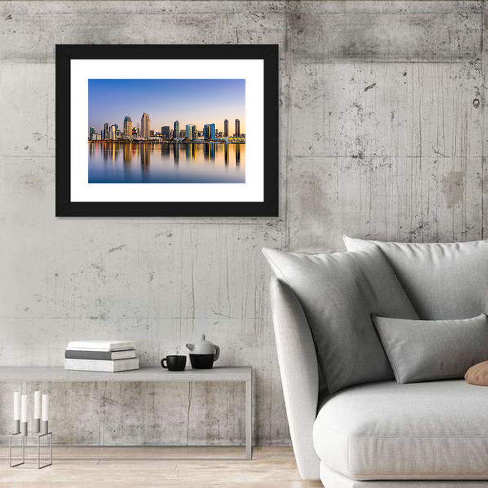 San Diego Skyline at Golden Dusk Wall Art in a room, landscape