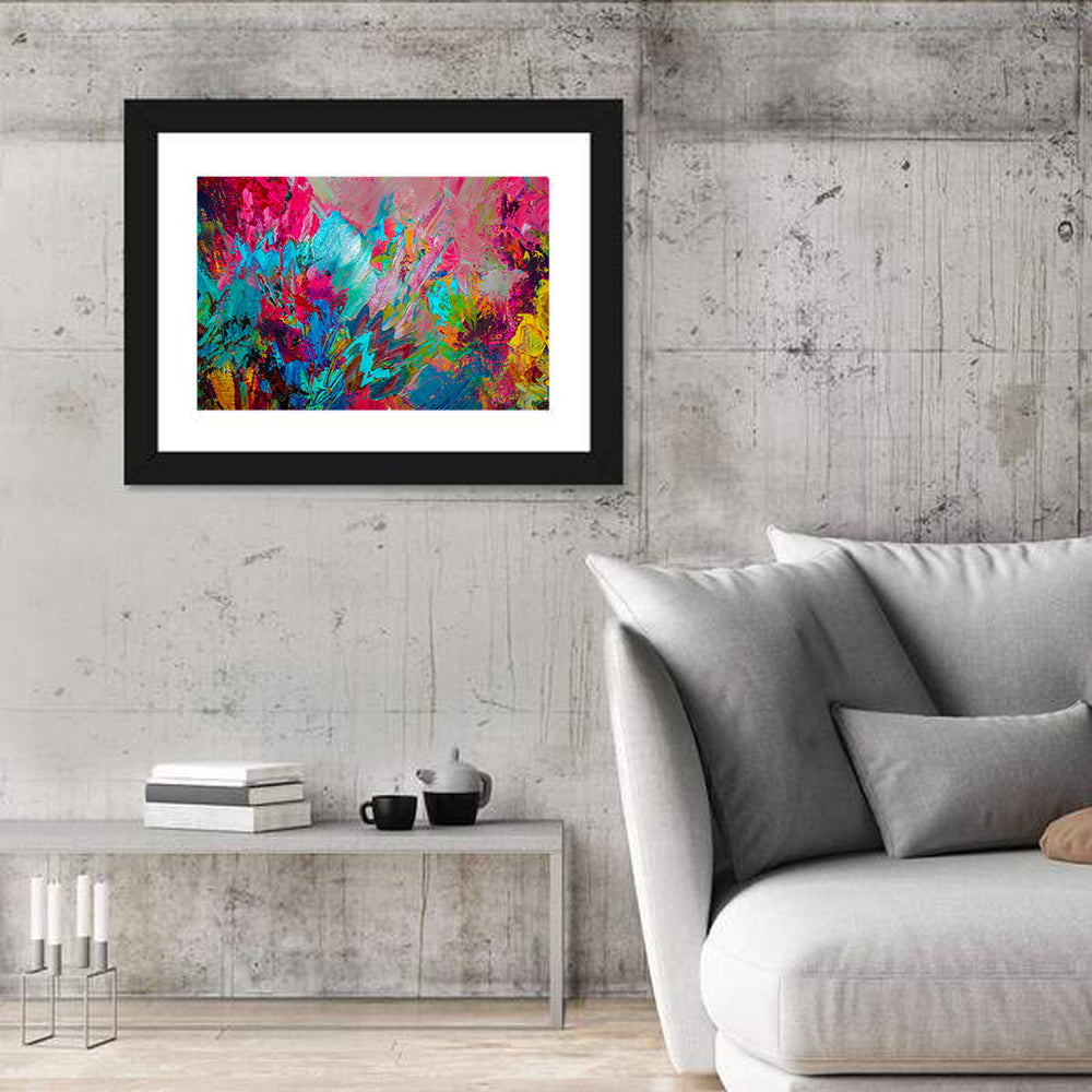 Vibrant Impasto Color Burst Abstract Wall Art in a room, landscape