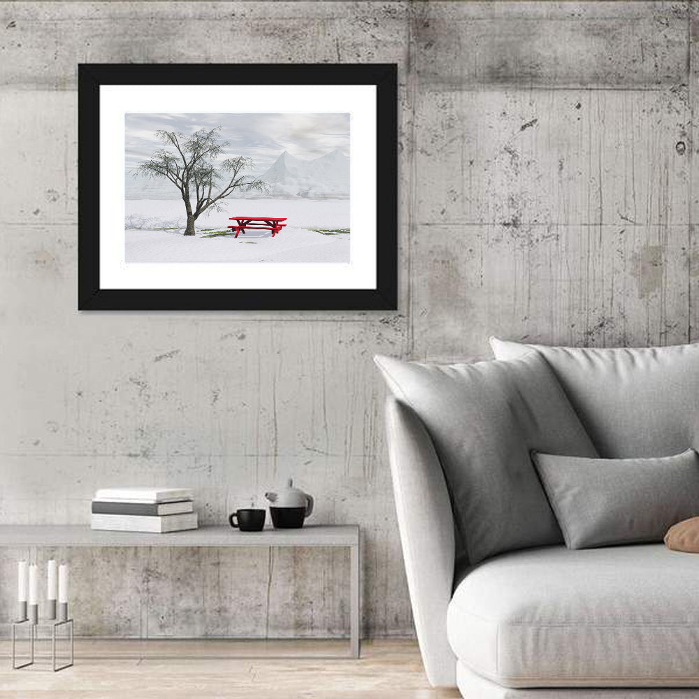 Red Picnic Table in Winter Park Wall Art