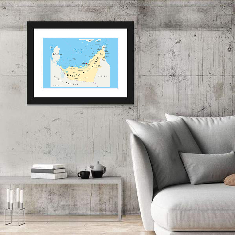 UAE Political Map Wall Art in a room, landscape