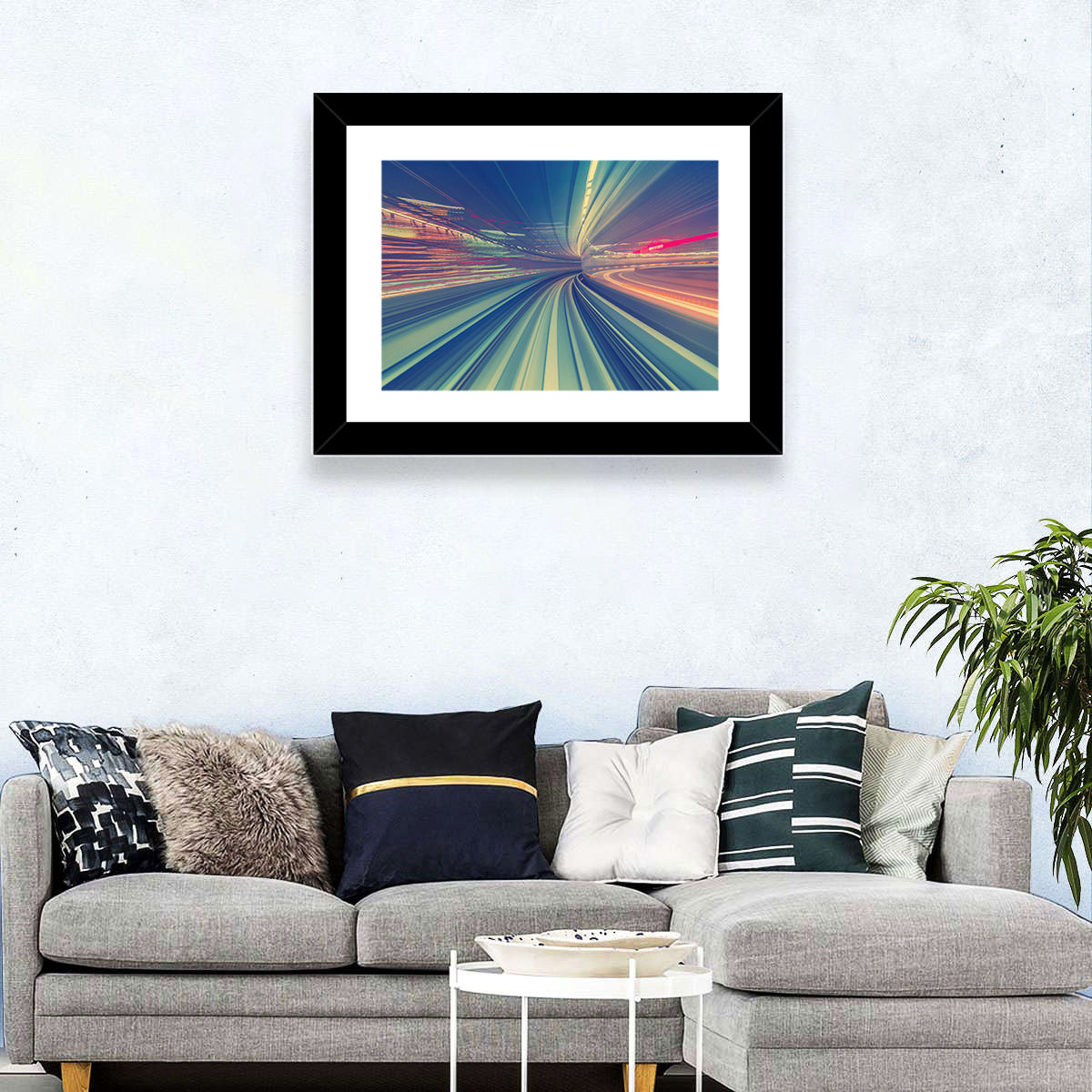 Monorail Night Light Trails Wall Art in a room, landscape