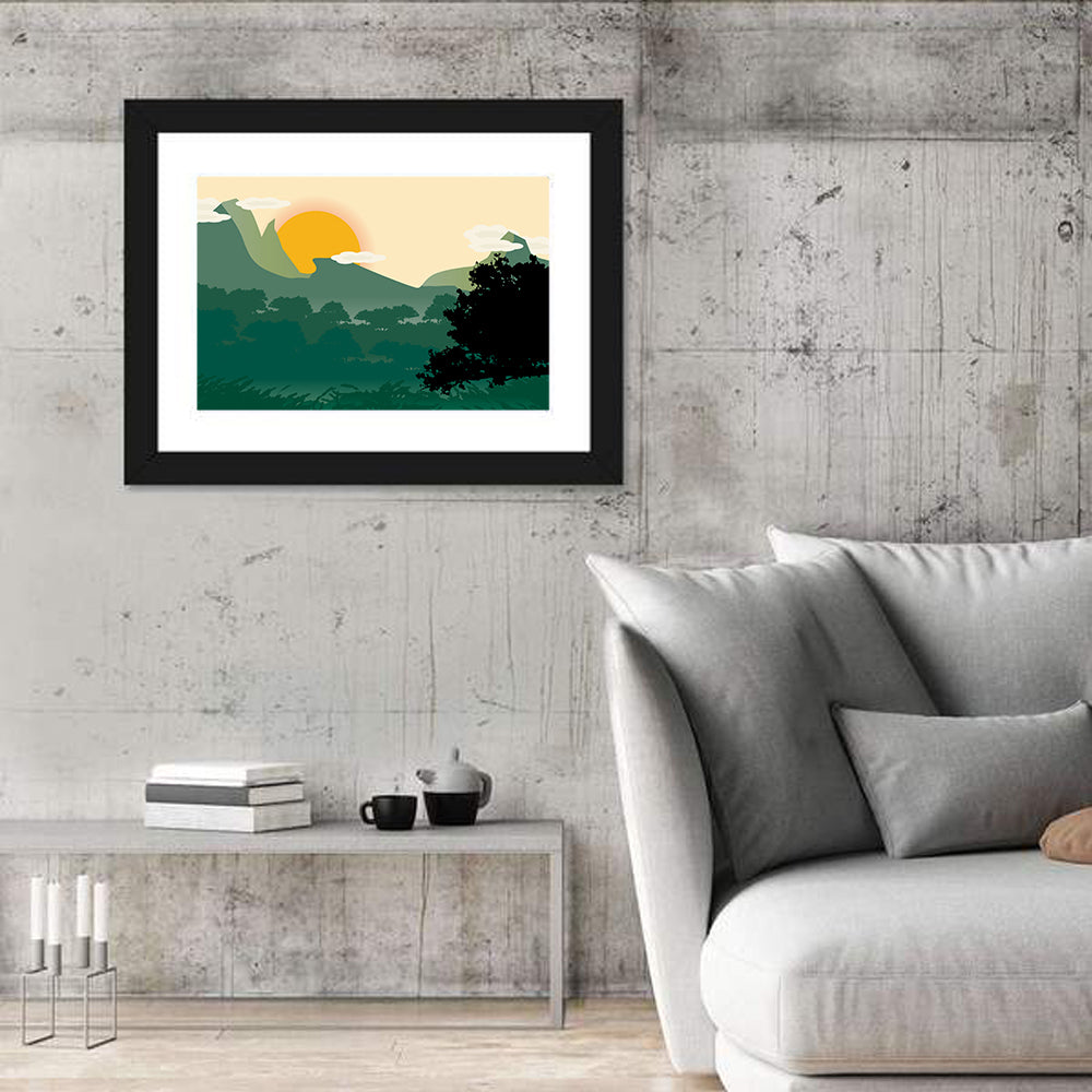 Geometric Mountain Forest Sunrise Wall Art in a room, landscape