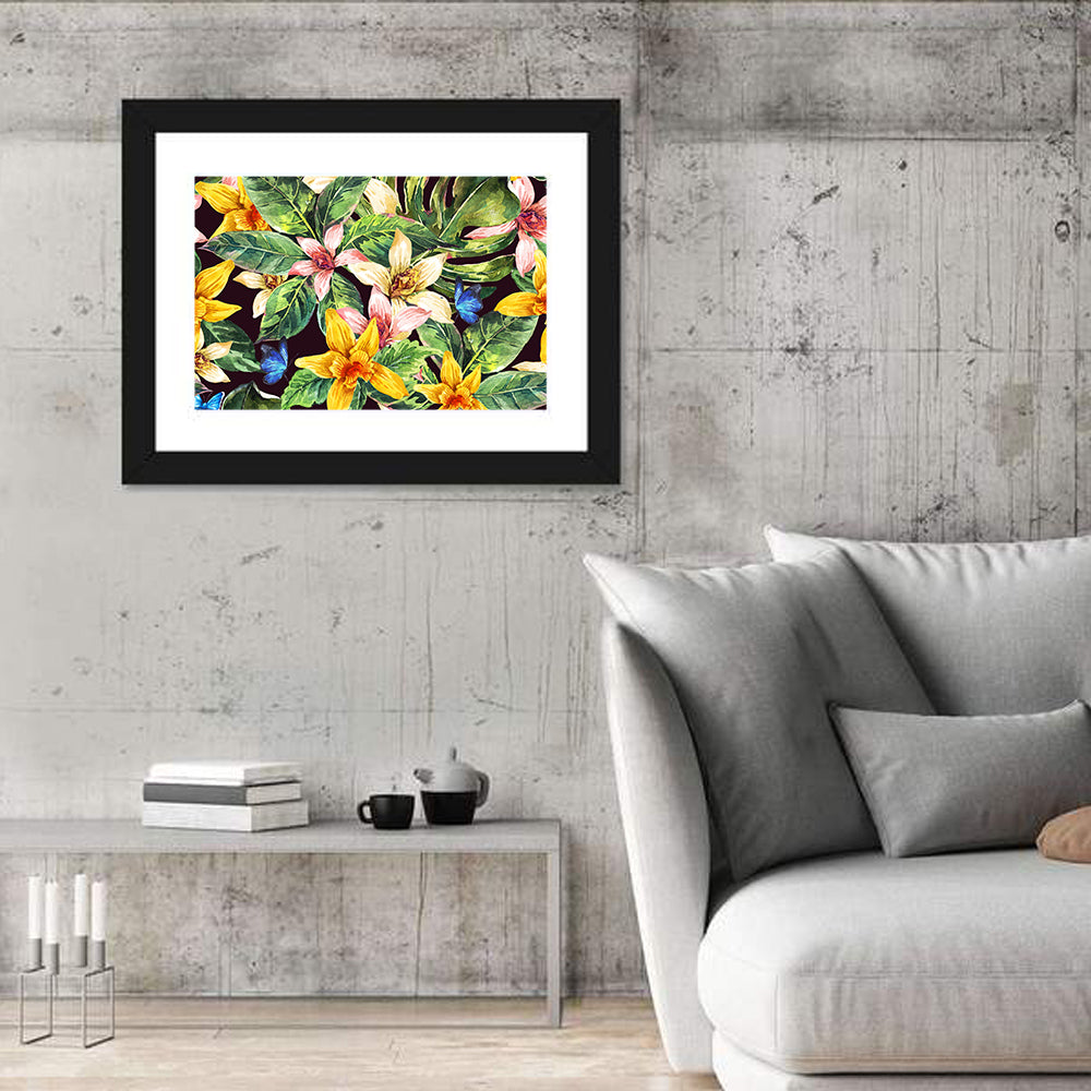 Tropical Orchid Pattern Wall Art in a room, landscape