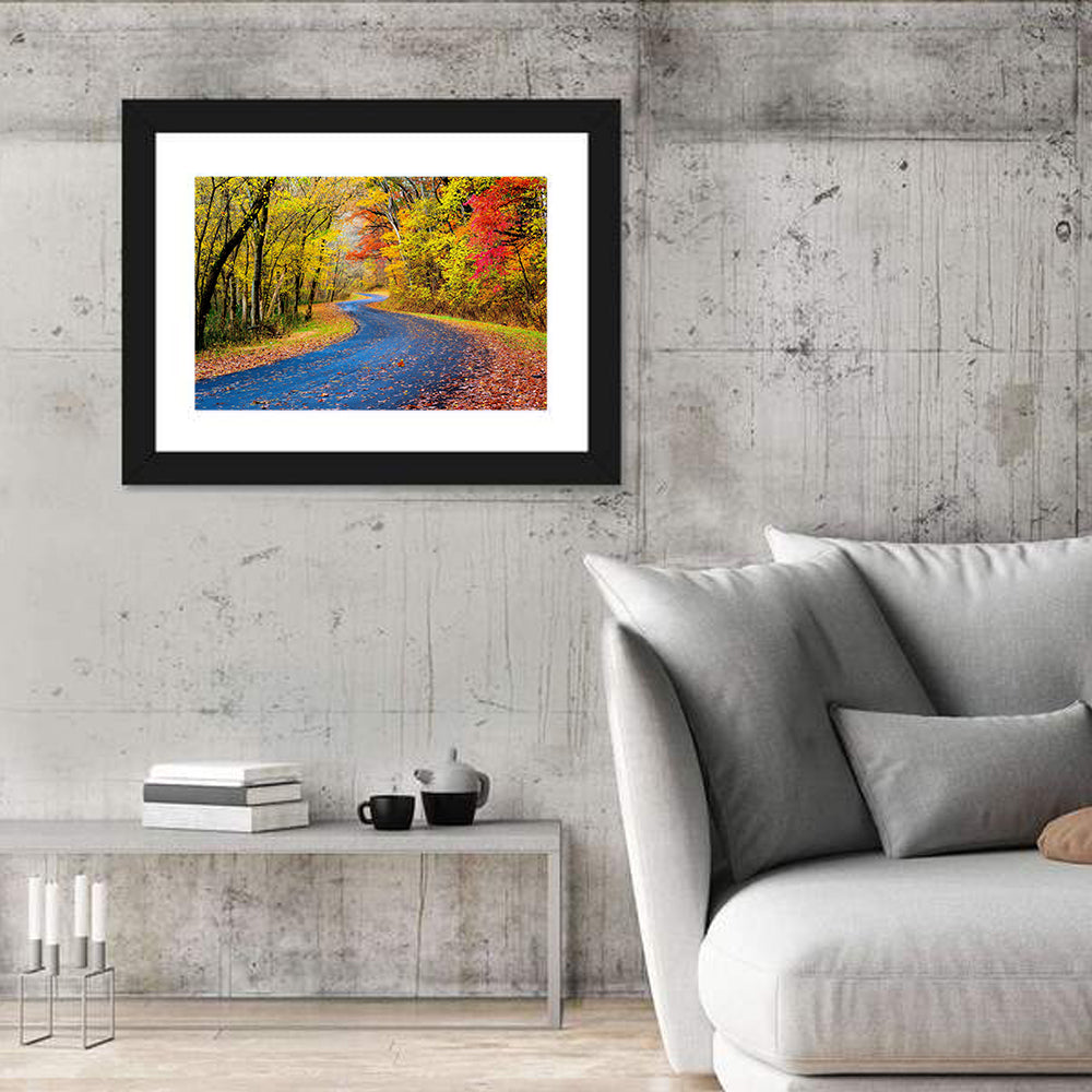 Wet Autumn Road Wall Art in a room, landscape