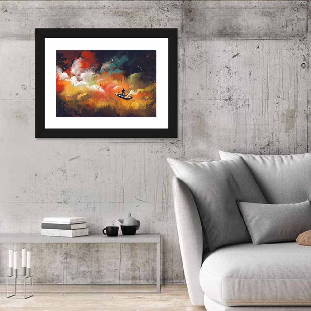 Solitary Man in Boat Under Celestial Clouds Wall Art
