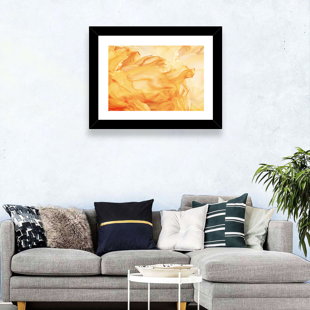 Golden Waving Cloth Abstract Wall Art in a room, landscape