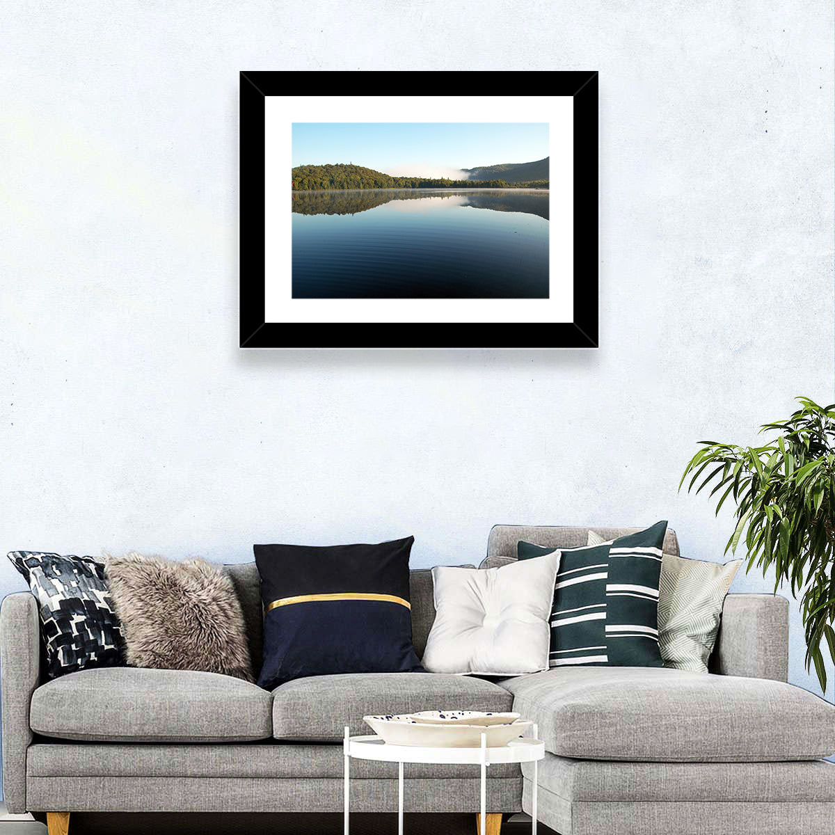 Lake Monroe Morning Reflection Wall Art in a room, landscape