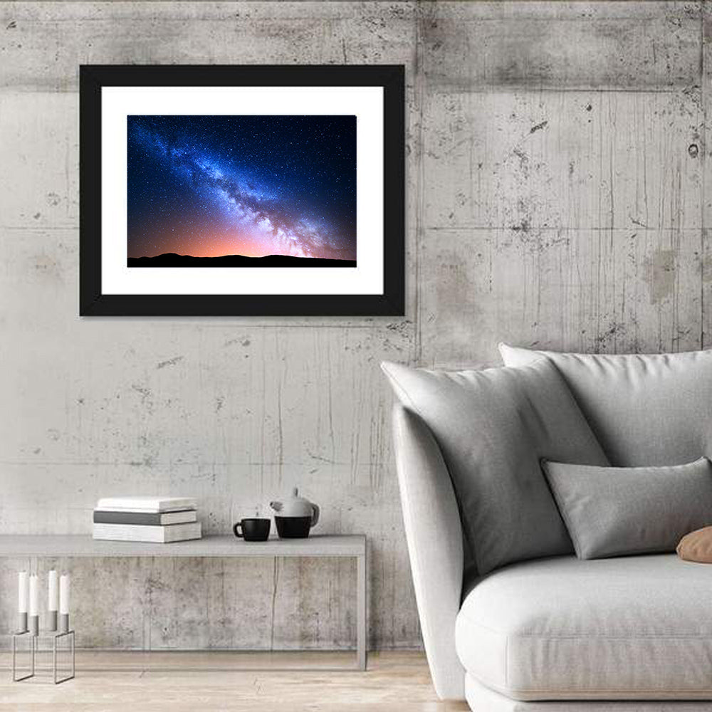 Milky Way Over Silhouetted Hills Wall Art in a room, landscape