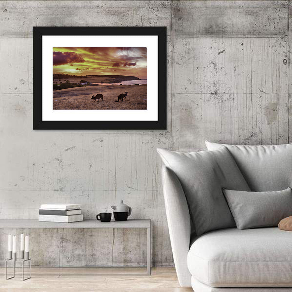 Two Kangaroos at Sunset Coast Wall Art in a room, landscape