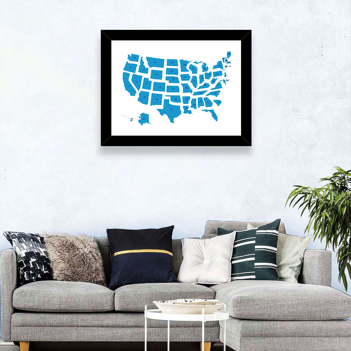 Blue Minimalist USA Map Wall Art in a room, landscape