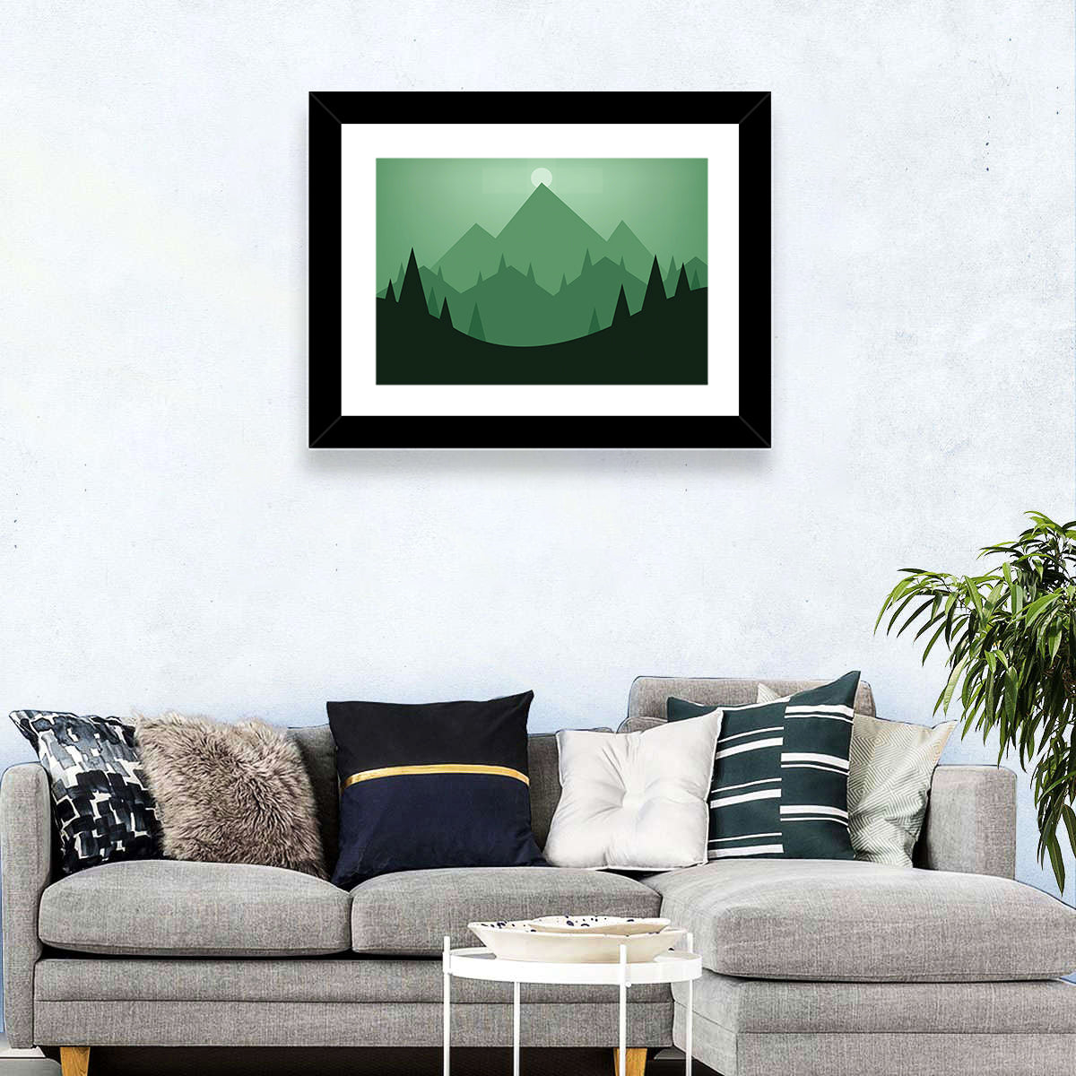 Geometric Mountain Sunset Illustration Wall Art in a room, landscape