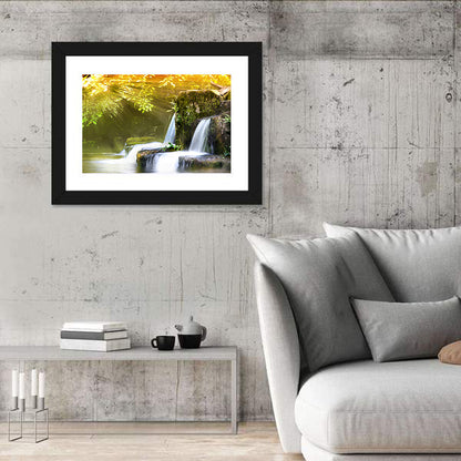 Sunlit Forest Waterfall Wall Art