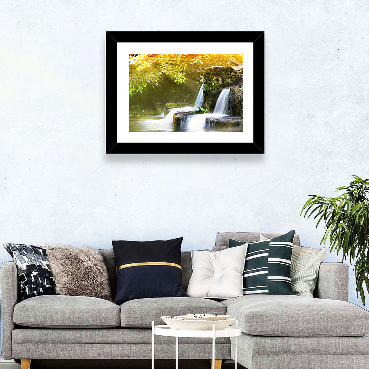 Sunlit Forest Waterfall Wall Art