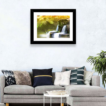 Sunlit Forest Waterfall Wall Art