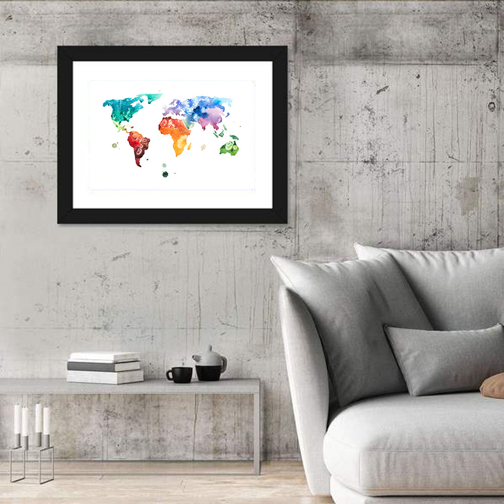 Multicolor Watercolor World Map Wall Art