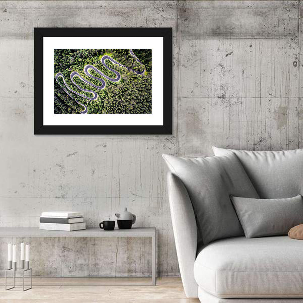 Serpentine Mountain Road Wall Art in a room, landscape