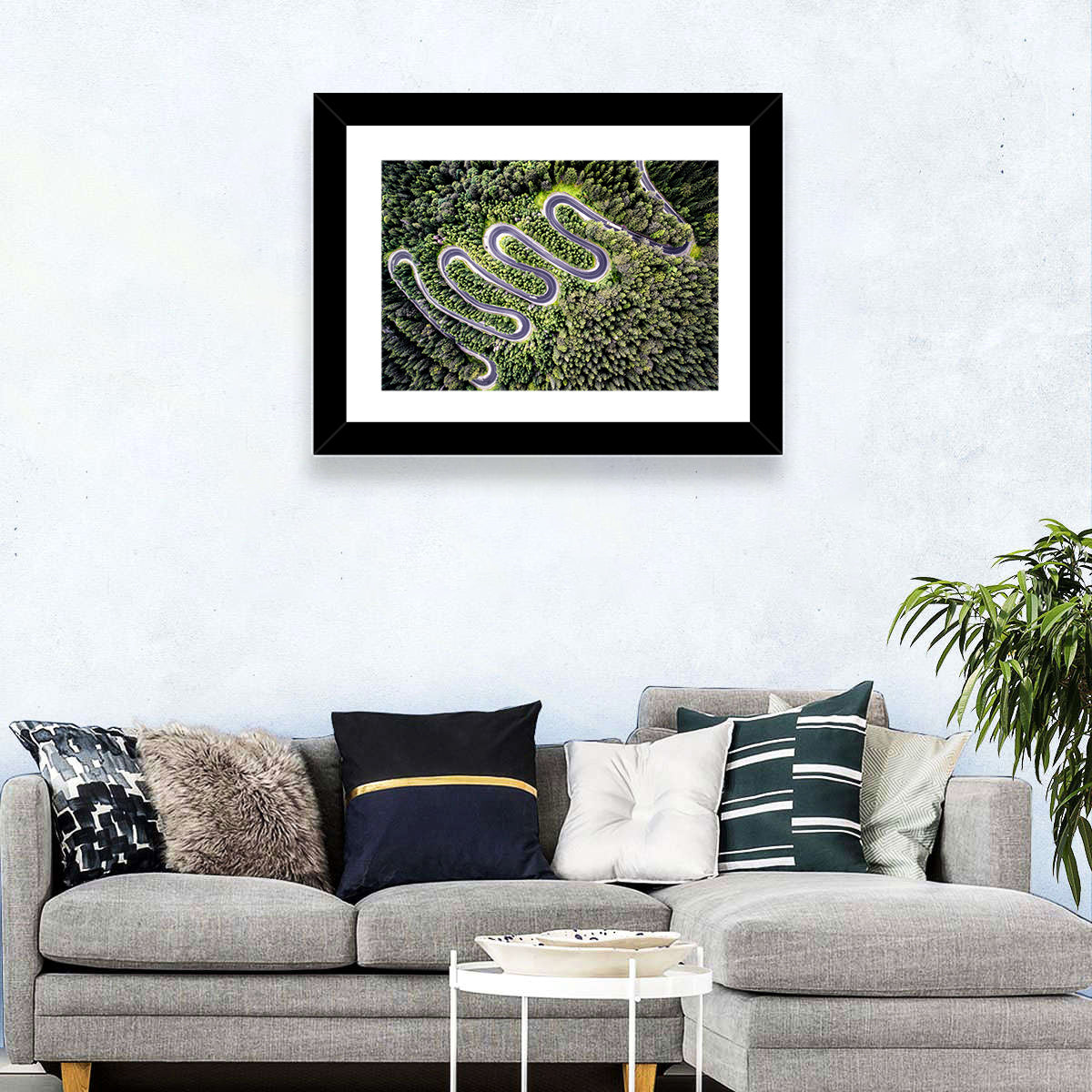 Serpentine Mountain Road Wall Art in a room, landscape