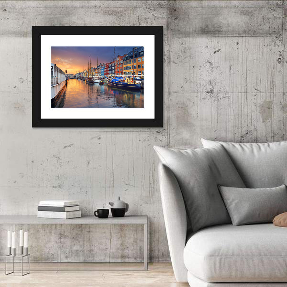 Nyhavn Canal at Sunset Wall Art in a room, landscape