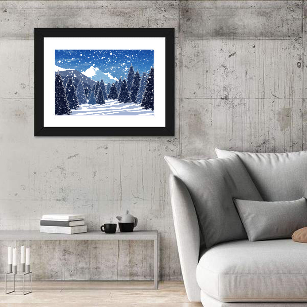 Snowy Evergreen Forest Illustration Wall Art in a room, landscape