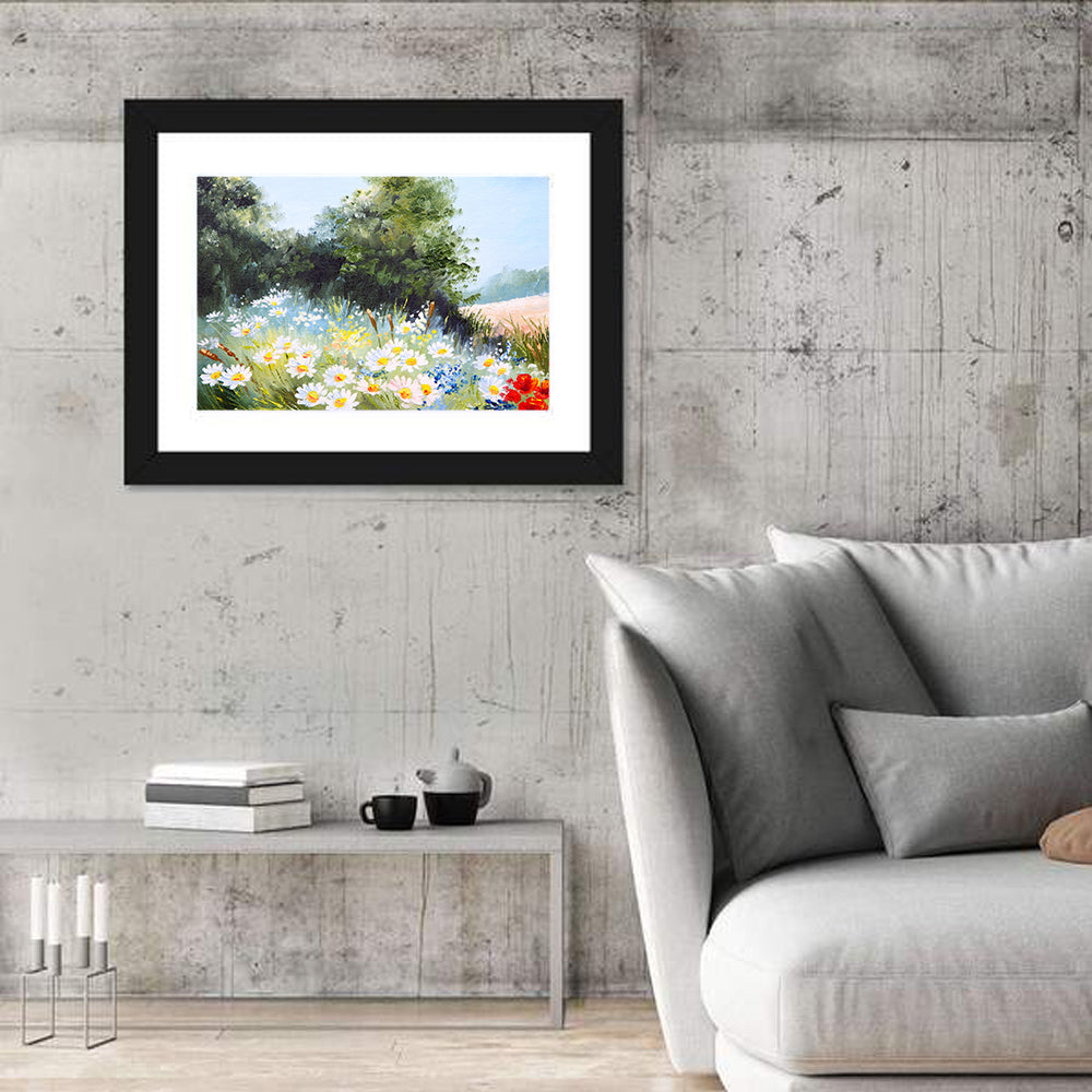 Sunny Daisy Meadow with Red Poppies Wall Art in a room, landscape