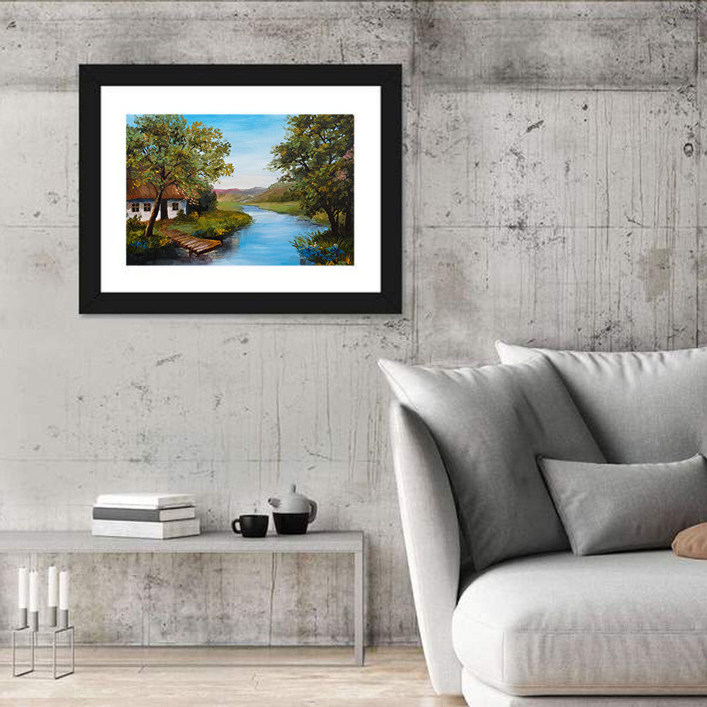 Thatched Cottage by the River Wall Art in a room, landscape