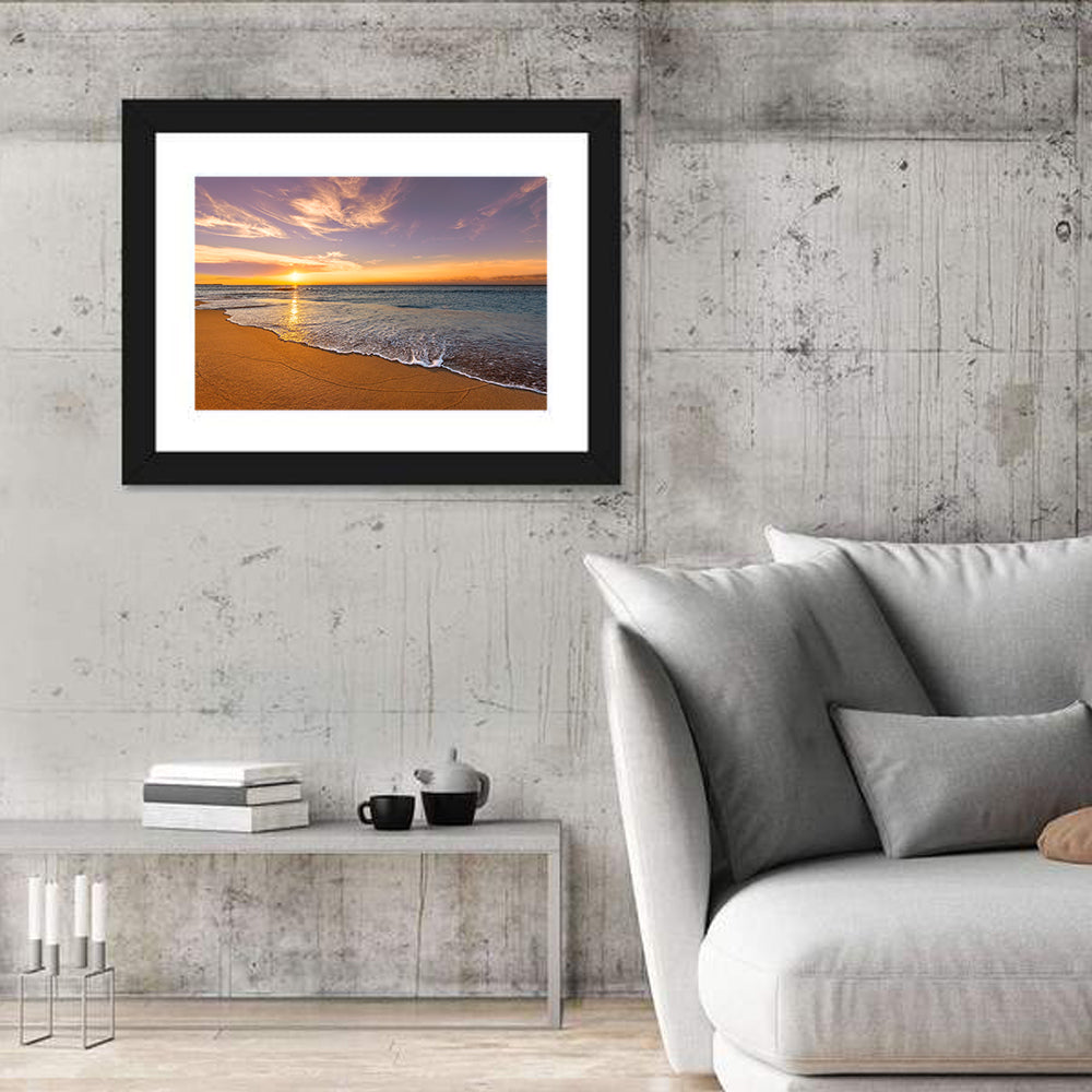 Sunrise Over Ocean Beach Wall Art in a room, landscape