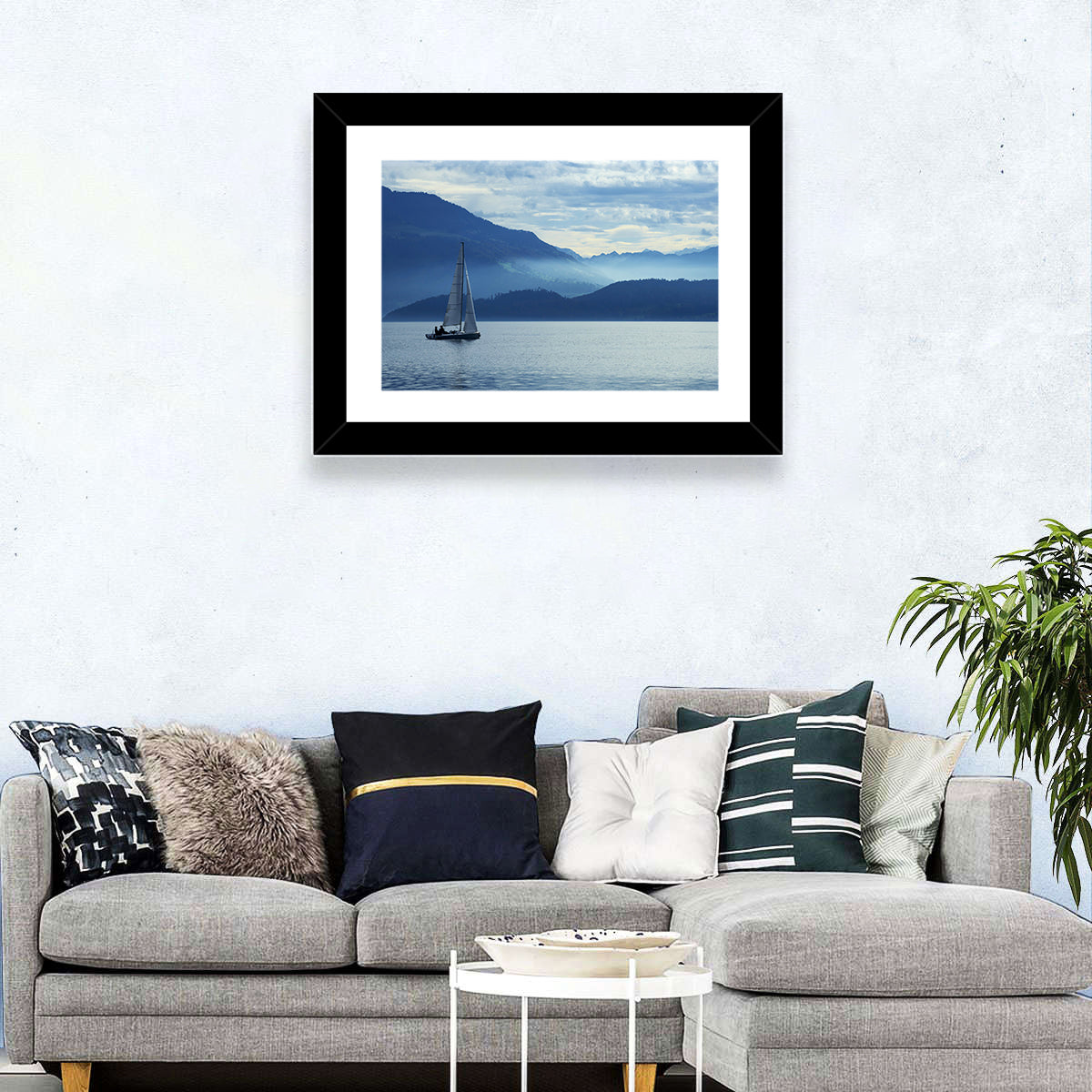 Lake Zug Sailing Wall Art in a room, landscape