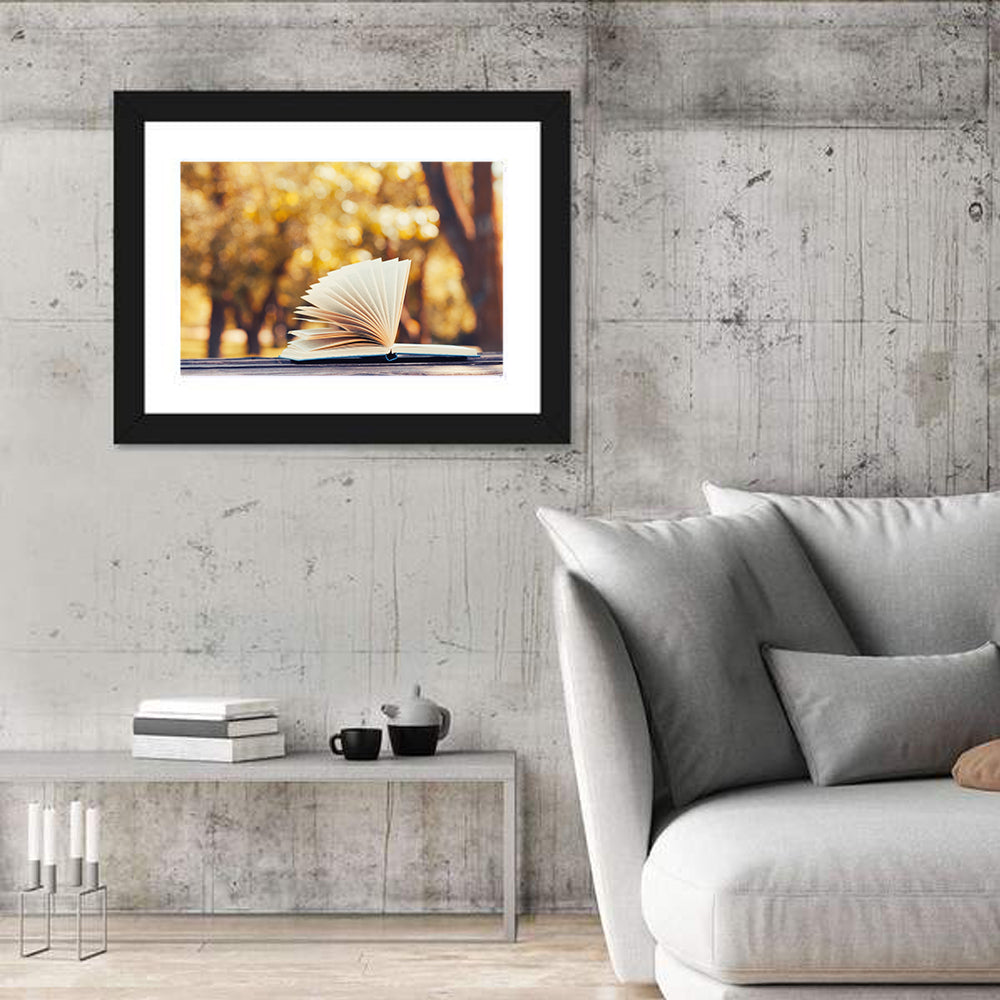Open Book in Golden Autumn Light Wall Art in a room, landscape