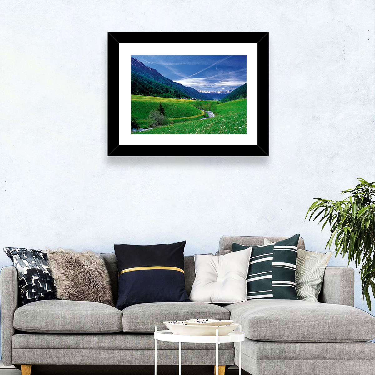 Snow-capped Peaks and Floral Meadow Wall Art in a room, landscape
