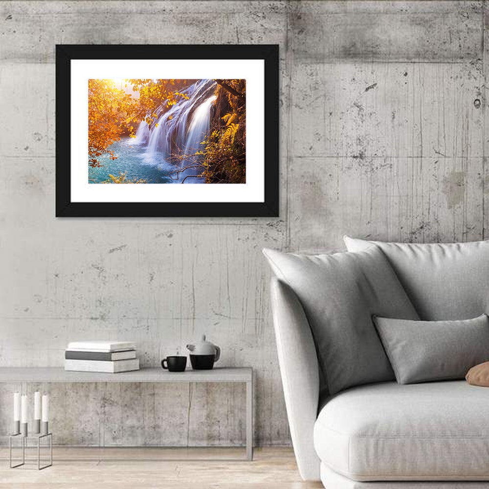 Golden Hour Waterfall in Autumn Forest Wall Art in a room, landscape
