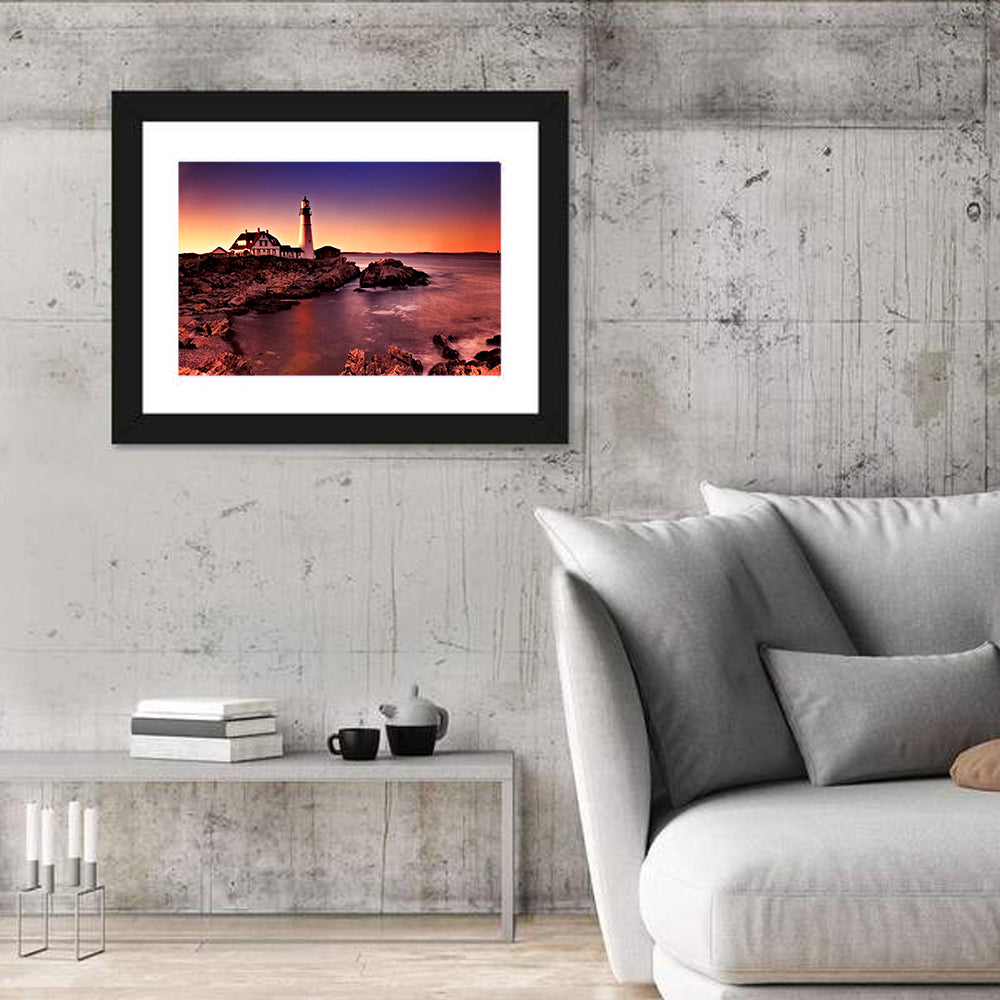 Portland Head Light at Dusk Wall Art in a room, landscape