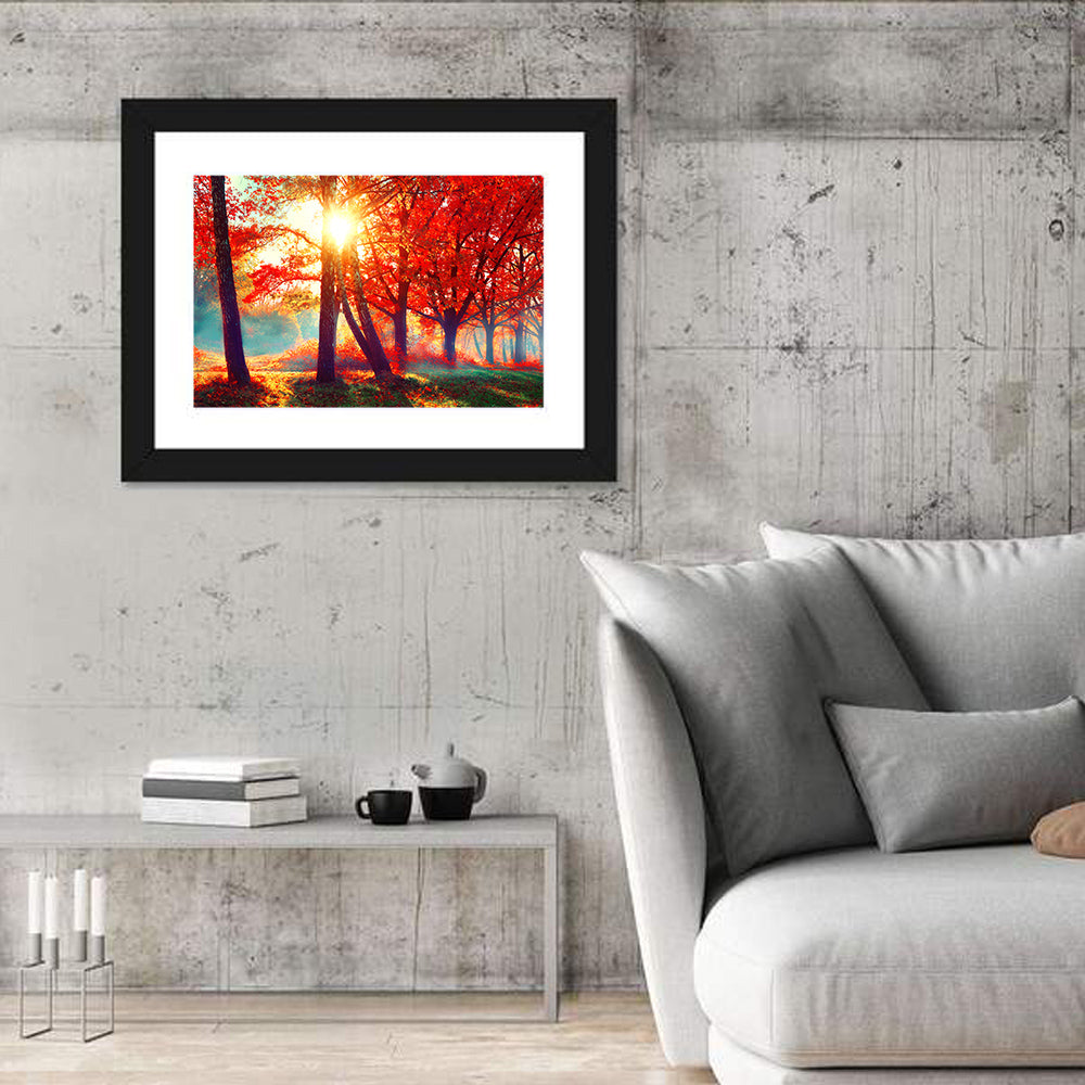 Autumn Park Sunrise Wall Art in a room, landscape